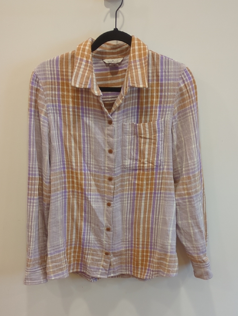 Granola Cottage Cabin Outdoor Preppy L.L. Bean Flannel Purple and Tan Size Large